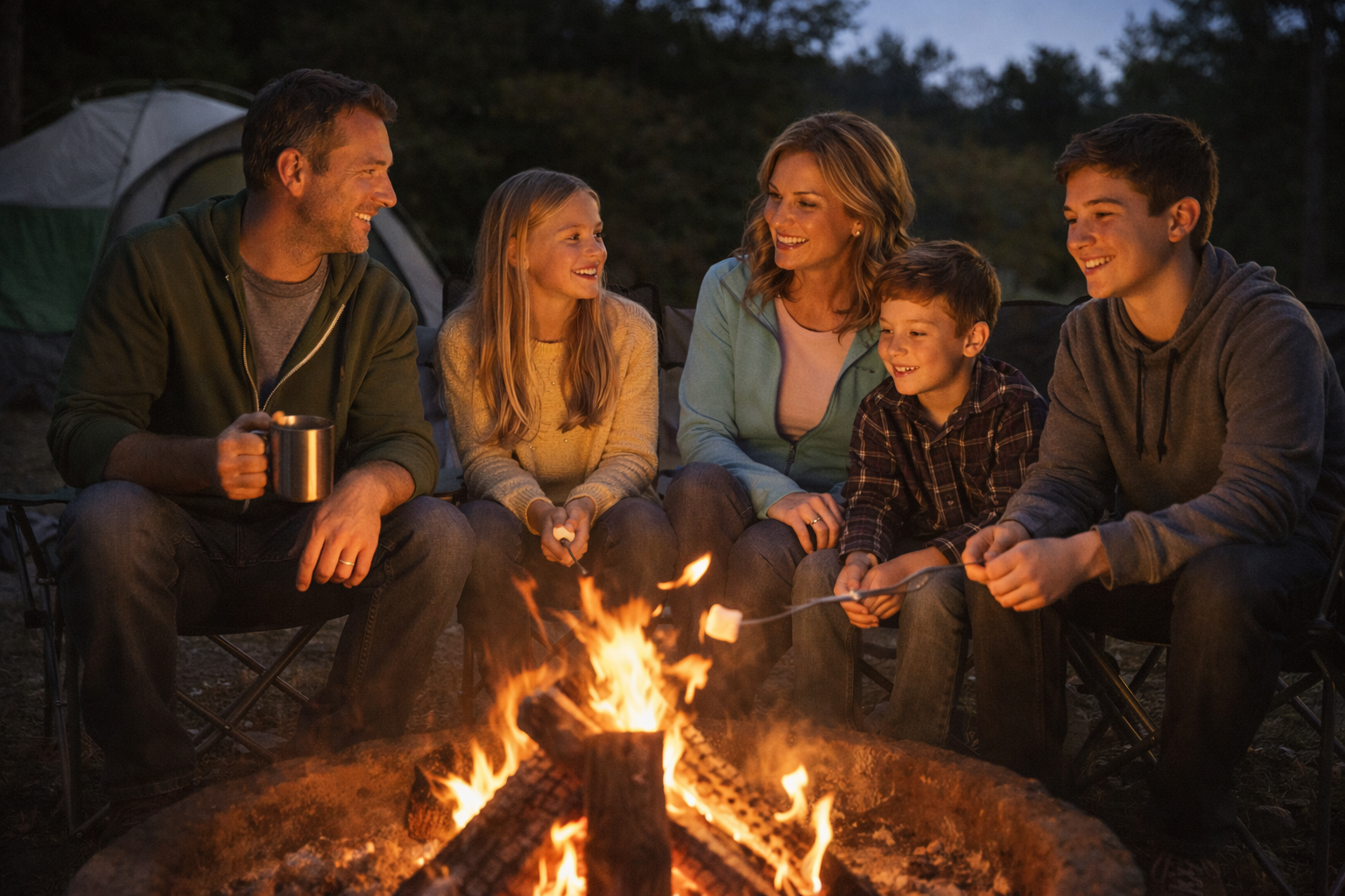 Family enjoying a campfire