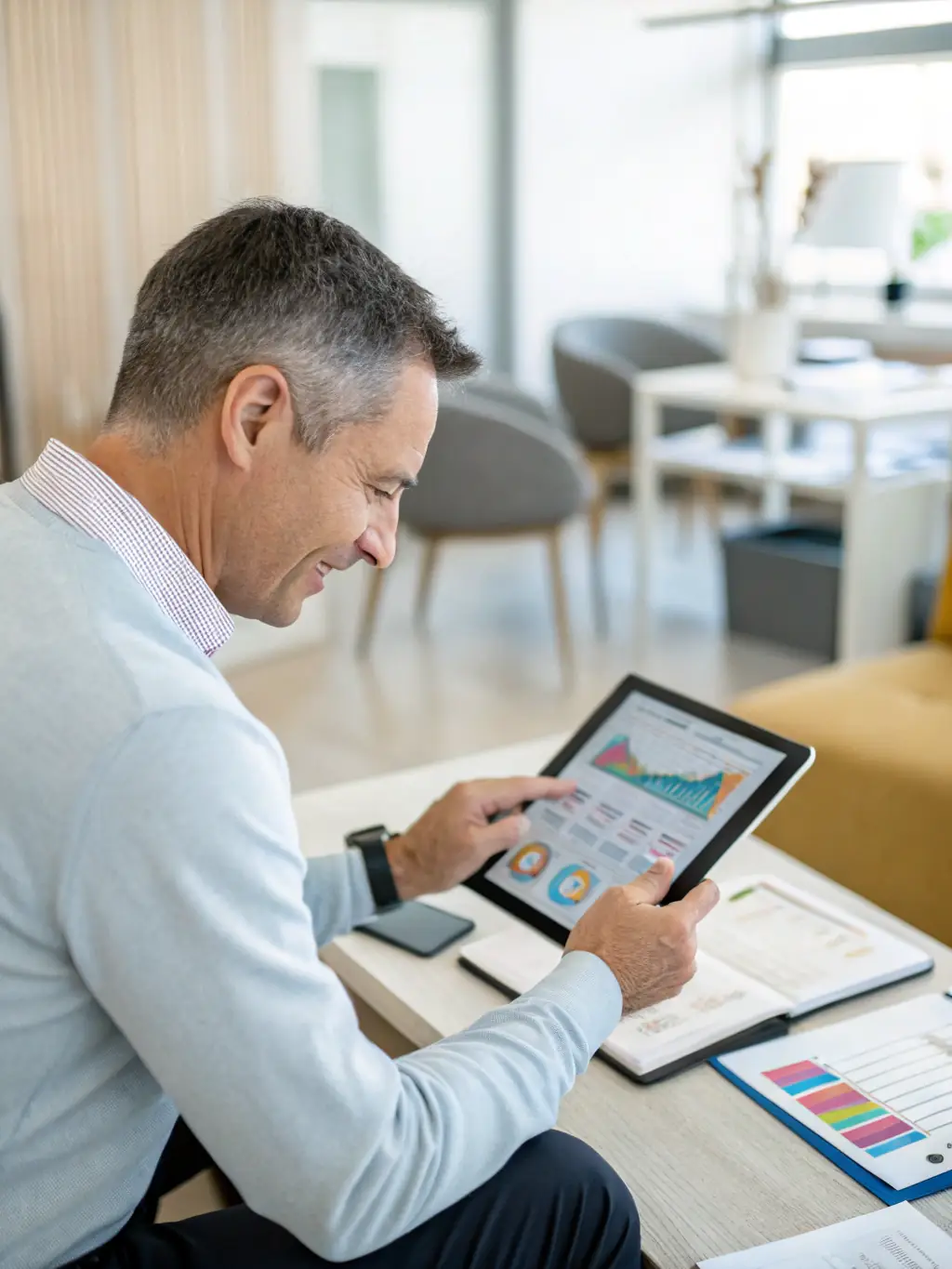 A close-up shot of a financial advisor's hands, gently pointing at a financial chart during a client meeting, symbolizing personalized guidance and attention to detail.