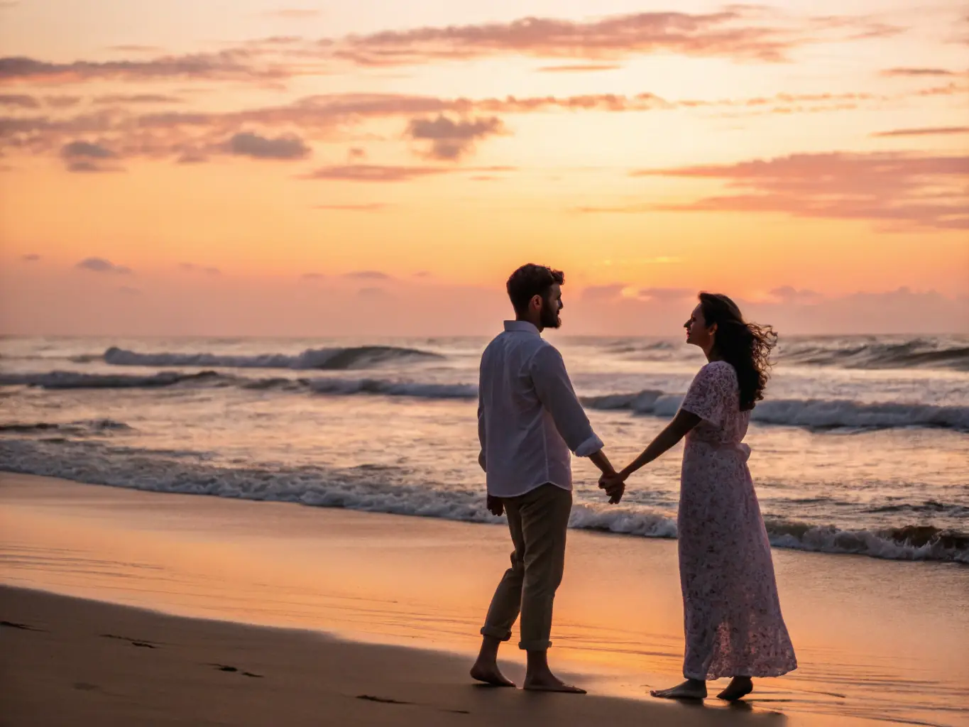 A serene image of a couple walking hand-in-hand on a beach at sunset, representing a peaceful and financially secure retirement.