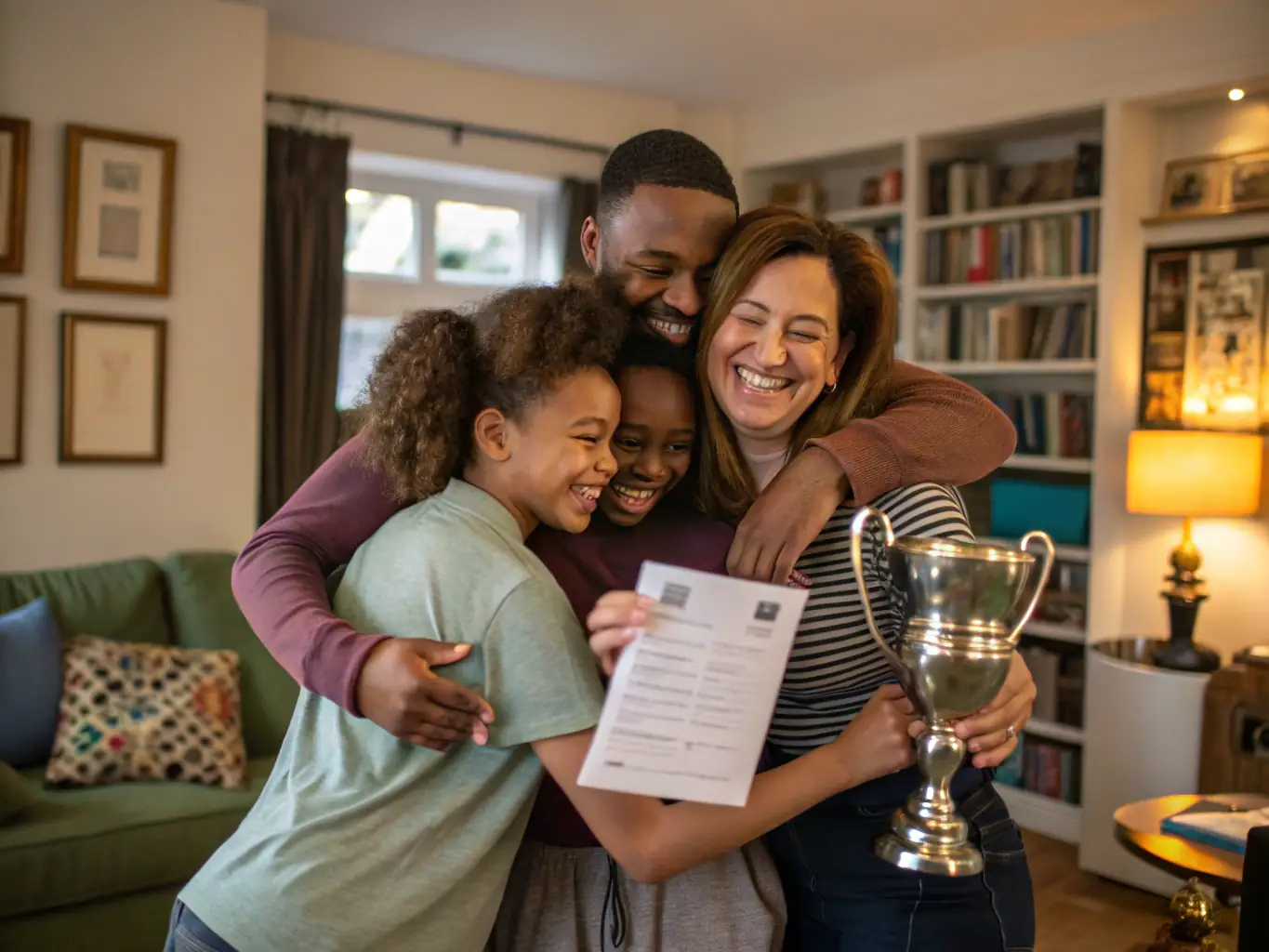 A professional image of a family gathered together, smiling and secure, symbolizing the protection and peace of mind that life insurance provides.
