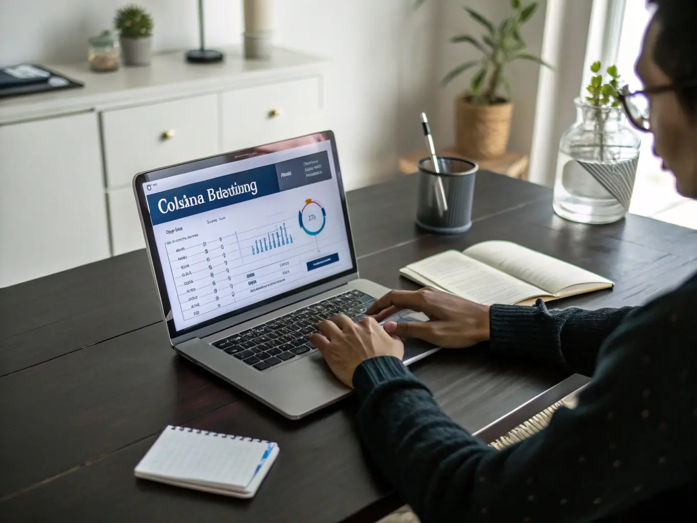 A person confidently rolling over their 401(k) funds online, using a laptop in a comfortable home office, symbolizing the ease and security of SharpStone Financial's 401(k) rollover services.