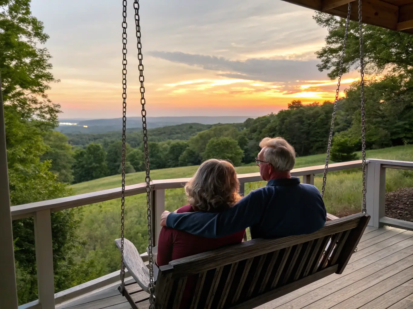 A senior couple smiling and relaxed, sitting on their porch, enjoying their retirement, with a well-maintained garden in the background, symbolizing a secure and fulfilling retirement achieved through SharpStone Financial's retirement income strategies.