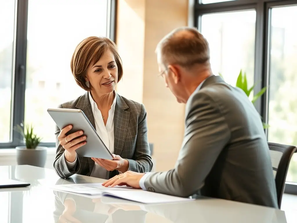 A professional financial advisor explaining life insurance options to a young family in a bright and modern office setting, emphasizing the importance of financial protection and security for their loved ones.