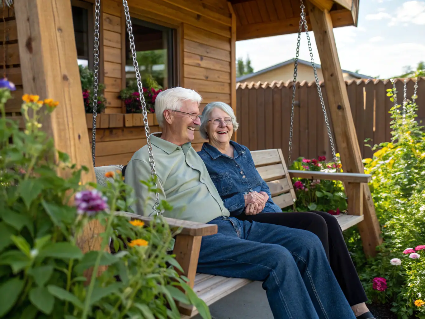 An image of a retired couple smiling and relaxed, sitting on the porch of their home, enjoying their retirement years. The image should convey a sense of financial security and happiness.